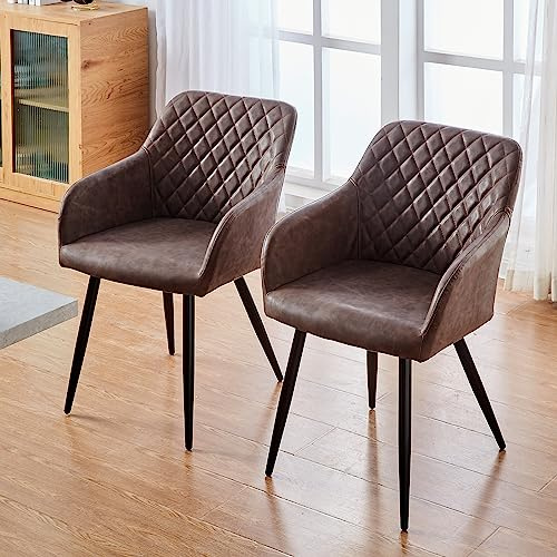 TUKAILAI Esszimmerstühle 2er Set aus Kunstleder, Modern Küchenstuhl Polsterstuhl Wohnzimmerstuhl Sessel mit Armlehnen Rückenlehne Metallbeinen, für Küche Esszimmer Wohnzimmer Lounge,Braun