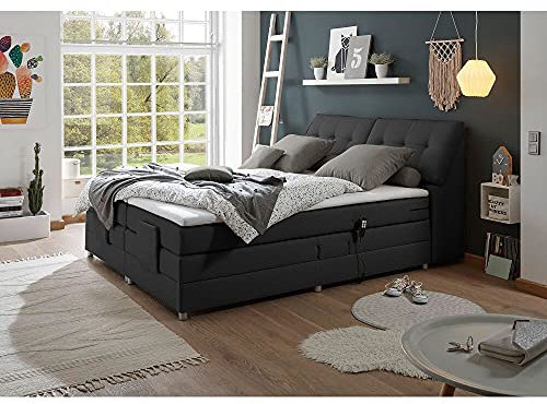 Lomadox ® Boxspringbett 180 x 200 cm Hotelbett Doppelbett, schwarz, elektr. verstellbar, Kopfteil aufklappbar, 7-Zonen TFK-Matratze H2, Visco-Topper