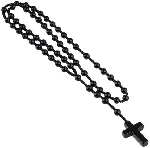 KYEYGWO Kristall Kreuz Anhänger für Damen und Herren, Schwarzer Achat Religiöses Gebet Halsketten Edelstein Perlenkette Katholische Schmuck Edelstein Kruzifix Ketten