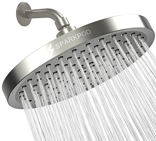 SparkPod Shower Head - High Pressure Rain - Premium Quality Luxury Design - Easy Clean Adjustable Replacement for Your Bathroom Shower Heads (Elegant Brushed Nickel, 8 Inch Round)
