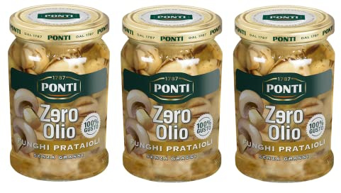 3x Ponti Zero Olio Funghi Prataioli Feldpilze Kein Öl Fettfreie Pilze Ideal als Aperitif oder Anlasser 300g Glas
