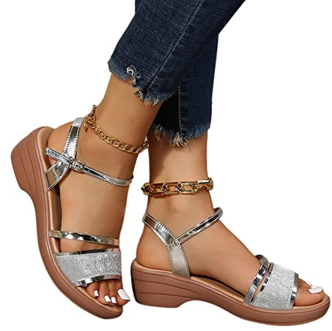 COTCLO Sommarsandaler kilar stora sandaler för kvinnor sandaler klackar gyllene plattform damsandaler sommarskor damsandaler-silver, 37