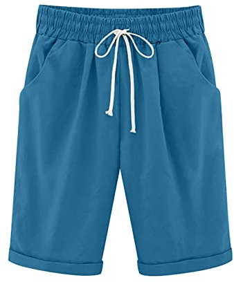 oglccg Half Pants Plus Size Knee Length Cotton Linen Shorts with Pockets Summer Solid Beach Vacation Shorts Straight Leg Trousers Drawstring Elastic Waist Bermuda Shorts Work Shorts, #04 Blue, 5XL