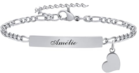 Gamtic Bracelet Personnalisé Chaine Reglable, Bracelet Gravé Prénom Date Coeur en Acier Inoxydable Chaîne Figaro Cubain Argenté, Bijoux Cadeaux pour Les Femmes Petite Amie (Longueur Réglable 15-20cm)