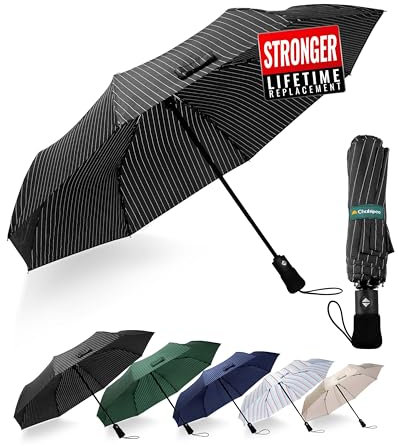 Chakipee Kompakter Reise Regenschirm Groß Sturmfest – Automatik Taschenschirm für Herren und Damen, Tragbarer 210T-Stoff 97 cm Spannweite 9 Rippen Streifenmuster Schirm