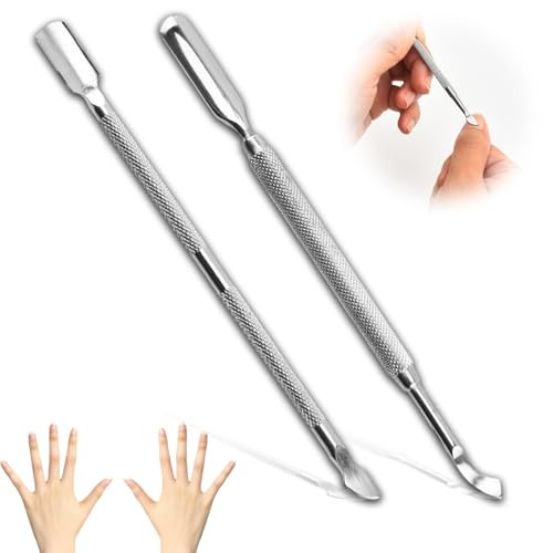 Edelstahl Nagelhautschieber und Nagellackschaber, 2 PCS 2 in 1 Profi Nagelschieber Spatel Pusher,professionelles Nagelhautstäbchen und Gabel, Cuticle Pusher für Maniküre,Pediküre(Silber)