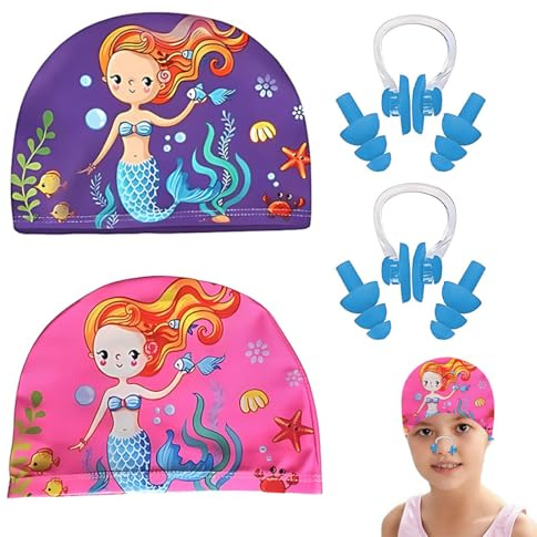 2 Pezzi Cappelli da Bagno Carini Bambini Cappelli da Nuoto Competizione Cartone Animato Cuffia da Bagno in Poliestere Elastico Cuffia da Bagno, con Tappi per Le Orecchie E Clip per Il Naso