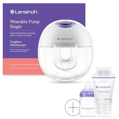 Lansinoh Wearable Electric Breast Pump Bundle - 4 Pumping Modes, 9 Suction Levels - Hands Free Portable & Quiet Pumping- LED Display - Includes 25 Breast Milk Storage Bags + Feeding Bottle (1 Pumps)