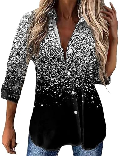 Dam, lång blus, långärmad skjorta med fint glitter och tryck i stora storlekar, blus, jul damer
