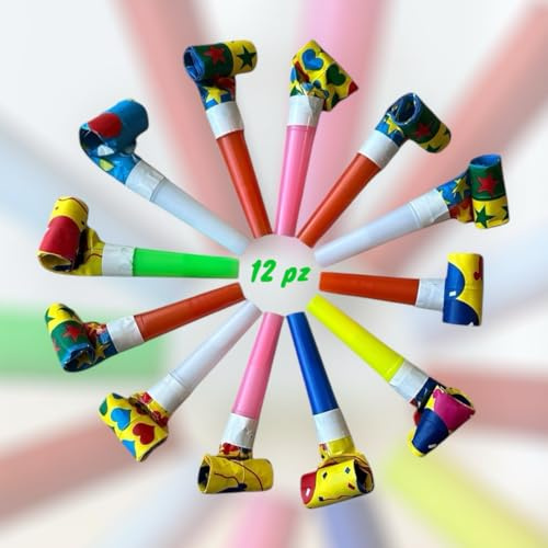 Trombette per Feste, Multicolore, Decorazioni a Stelle e Cuori, Accessori per Carnevale e Compleanno, 12 pz
