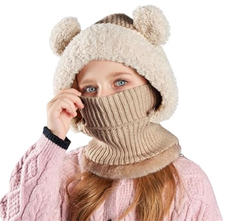 Koerye Bambini Cappello Invernali 4 a 10 Anni Carina Maglia Berretti Calda Berretto in Pile per Bambini Cappuccio a Maglia Sciarpa Copricapo Balaclava Cappello da Sci Cachi
