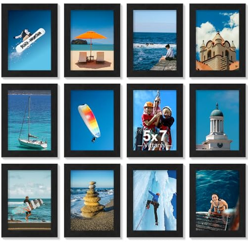 Vittanly 5x7 Picture Frames Set of 12, Display 4x6 Pictures with Mat or 5x7 without Mat, Engineered Wood with Shatter Resistant Plexiglass, Wall or Tabletop Photo Frames, Black