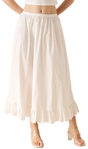 BEAUTELICATE Jupon en 100% Coton A-Line De Femme Fond De Jupe à Volants avec Broderie Anglaise Bord Festonné sous-Robe Vintage Léger D’été Printemps Longue 85cm Ivoire