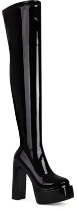 TNMIUH Stivali sopra Il Ginocchio con Platform da Donna Stivali Coscia in Vernice Tacco Largo Alto 13,5 cm Sexy Scarpe da Festa, Nero Bianco Rosso,Nero,44 EU