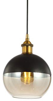 JONATHAN Y 7.5 Brass Gold/Black Mid-Century Modern Globe Pendant Light, Adjustable LED Hanging Ceiling Fixture, Champagne Smoked Glass Shade for Kitchen Island JYL3513A