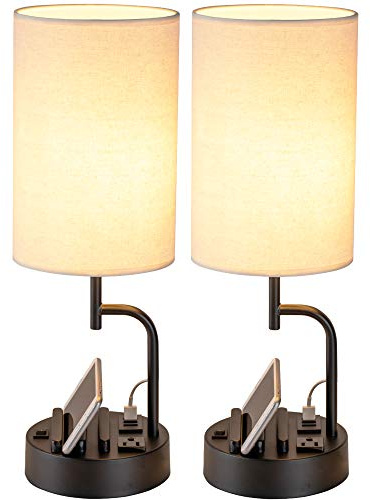 Dreamholder Table Lamp with 3 USB Charging Ports, Modern Desk Lamp with AC Outlet and Phone Stands, Perfect Bedside Lamp for Bedroom, Living Room, Office (Pack of 2), Cream