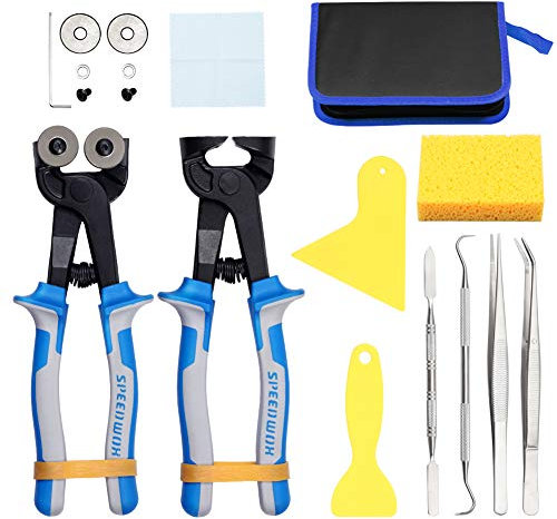 SPEEDWOX Lot de 18 outils de mosaïque pour débutants - Pince coupante en céramique avec roue de rechange - Grattoirs à pince à épiler - Crochet double extrémité - Spatule - Éponge - Chiffon de