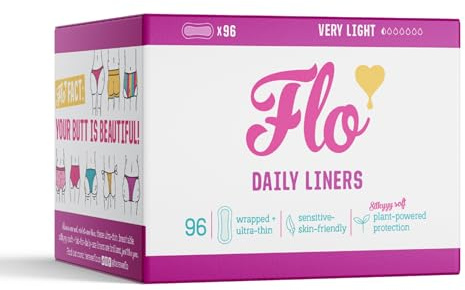 Flo - Daily Liners (96 Pack) Very Light Flow - Wrapped, Ultra-Thin - Natural, Absorbent, Soft & Breathable - Made with Organic Bamboo - Panty Liners for Women - Fragrance Free - Vegan & Cruelty Free