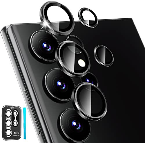 CloudValley [3+2Pcs for Samsung Galaxy S23 Ultra Camera Lens Protector, 9H Tempered Glass + Aluminum Alloy Metal Individual Lens Screen Ring, Phantom Black