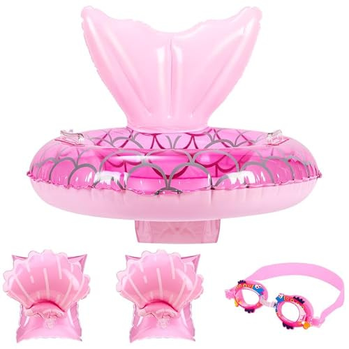 Leitee 3 Pcs Mermaid Pool Floats Set Include Inflatable Baby Swimming Float Swim Goggles Arm Bands Baby Pool Floats for Infant Water Swim Training Aids