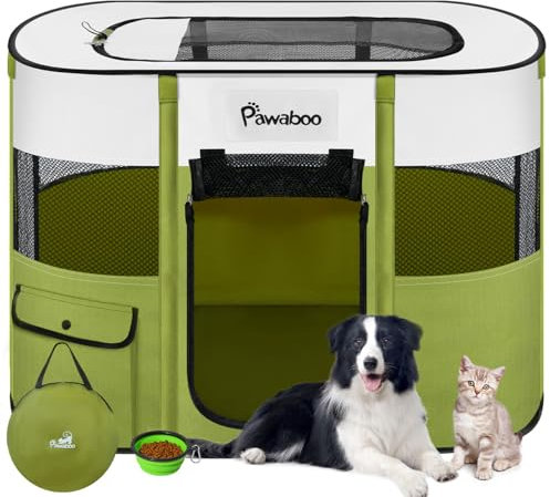 Pawaboo Tragbarer Haustierstall, Faltbarer Hundelaufstall mit Wasserdichtem Oxford, Katzengehege mit Reisetasche Faltbarem Napf, Indoor Outdoor Gebrauch für Welpe Katze Kaninchen, Grün M