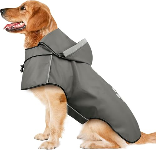 Chubasquero para Perros Grandes, Chaqueta Impermeable Reflectante para Perros con Capucha, Abrigos de Lluvia Suaves y Ligeros con cordón Ajustable, Tira Reflectante, Agujero para Correa, Ropa de