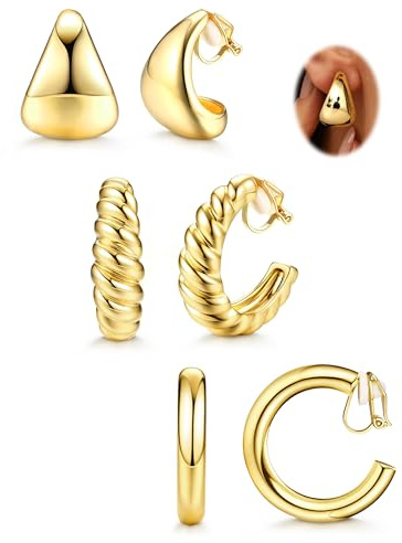 FIOROYAL 3 Paar Gold Ohrclips Damen Ohne Ohrlöcher 14K Vergoldet Clip Ohne Ohrloch Goldene Creolen Damen Set (Gold/Silber)