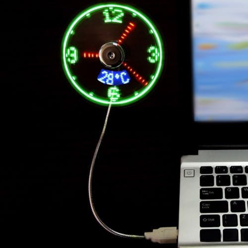 DAZZLEEX Mini ventilateur horloge LED avec col de cygne flexible, ventilateur personnel silencieux alimenté par USB pour ordinateur portable, affichage de l'heure et de la température pour la maison