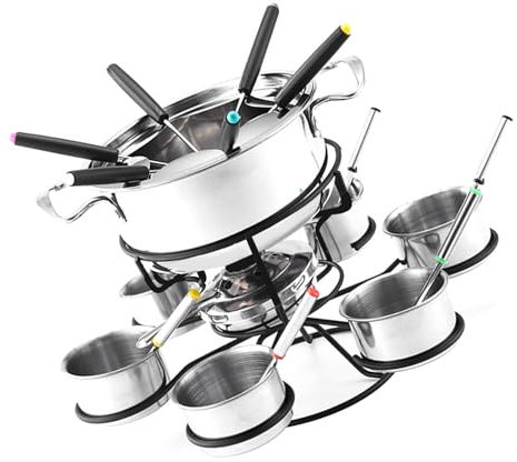 Générique Kit de Fondue au Fromage Rotatif - 21 pièces Set à Fondue de Fromage Rotatif - Pot de Fond de Fer en Fonte pour Viande, Chocolat et Fromage, Ensemble de Fondue au Fromage servez 6 Personnes