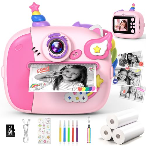 Wootoyz Camara Fotos Infantil Instantanea, Unicornio Regalo Niña 3-12 Años, Cámara Instantánea para Niños con Tarjeta de 32G y Papel de Impresión Niñas 5-10 Años Juguetes Pascua Regalo Niña 48MP 1080P