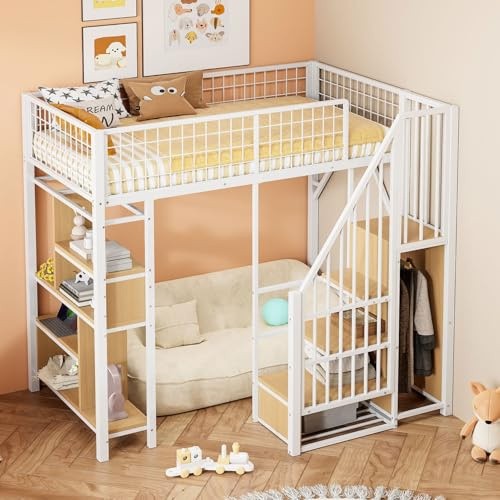 PUGSDRLY Lit Mezzanine 1 Place,Lit Mezzanine Enfant 90x200cm avec Escalier,étagère de Rangement et Petite Armoire,Design de Clôture Haute,pour Enfant Adolescent Adulte,sans Matelas (Blanc-90)
