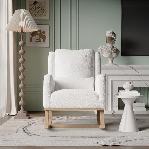 MEXUS Chaise à Bascule, Fauteuil de Salon, Chaise à Bascule avec accoudoirs, Coussin Lombaire et Poches latérales, Pieds en Bois Massif, Convient pour Le Salon, la Chambre (Blanc)
