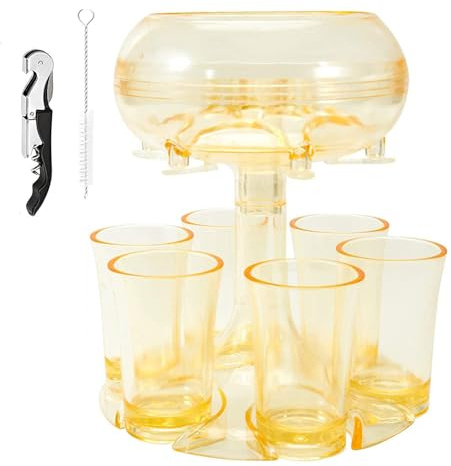 Dryckesdispenser med 6 snapsglas 45 ml Set, Party Drink Dispenser, sprithällare, för dryckesspritbarfester, med borste och flasköppnare Gold