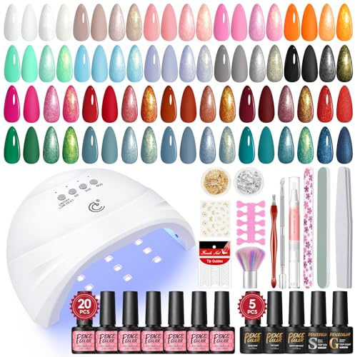 PEACECOLOR 38Pcs Kit Uñas Semipermanentes con lámpara UV, 20 colores Esmaltes de Uñas en Gel Semipermanentes, 5 Capas Base y Capas Superiores Purpurina Mate Herramientas de Manicura para Mujeres
