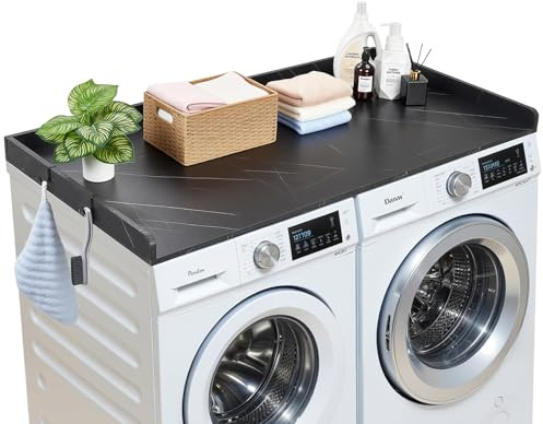 VEVOR Piano di Lavoro per Lavatrice e Asciugatrice 137x69,9 cm, Piano d'Appoggio per Lavatrice con Bordi Rialzati e Ganci, Struttura in Legno per Zona Lavanderia, Ampia Superficie, Effetto Marmo Nero
