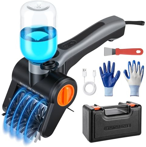 Pulisci Griglia BBQ Elettrico 100W con Flacone Spray – Ricaricabile 7,4V, 2 Velocità, 90 Min di Autonomia, IPX8 Impermeabile – Spazzola Elettrica per Barbecue Pulizia BBQ con Scatola Portautensili