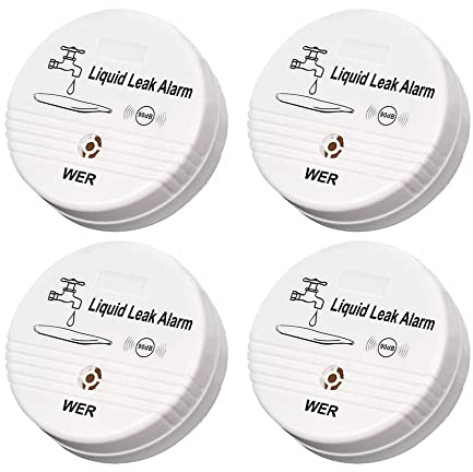 WER Water Leak Alarm Sensor, Battery Operated Leak Alert, 90dB Water Detector for Basements, Bathrooms, Laundry Rooms, Kitchens, Garages and All Office Areas (Shipped Without Battery, 4 Pack)