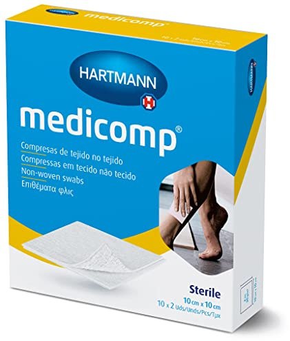 MEDICOMP, Gasas Estériles 10x10, Compresas de Tejido, Vendaje Extrasuaves y Absorbente, Vendas para el Tratamiento de Heridas o Procedimientos Ambulatorios, 10 x 2 Unidades, Color Blanco