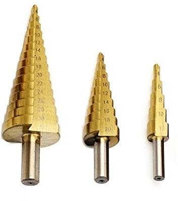 Mengshen Titanio Broca Escalonada 3 piezas 4-12mm / 4-20mm / 4-32mm HSS Manija Triangular Taladro de la Pagoda Para Acero al Carbono, Chapa de Hierro, Tableros de Aislamiento, Tableros de PVC y Madera