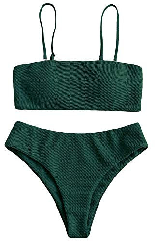 ZAFUL Damen Bikini Set, Texture Bandeau Bikini Set mit Gepolsterter High Cut Sexy Badeanzug (Grün-M)