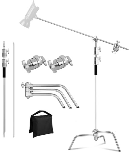 MSKIRA Rostfritt stål C-stativ med bomarm maxhöjd 330 cm/10,8 fot/10,8 fot, slitstarkt fotoljusstativ med 128 cm/4,2 fot/128 cm hållarm, 2 grepphuvud sandväska för fotostudio, video, softboxes
