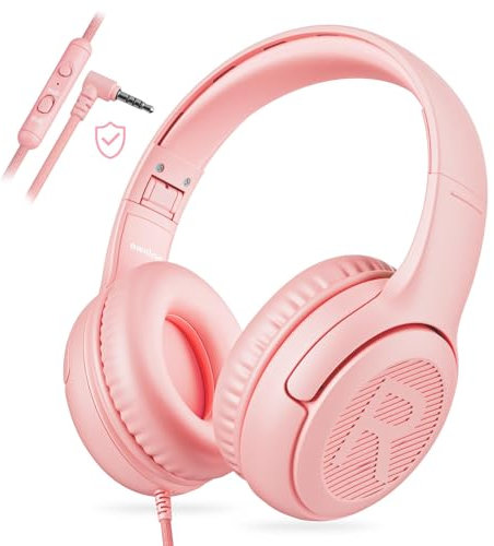 awartue Auriculares Niños con Cable Audio 3.5mm, Volumen Limitado 85/94dB, Diadema Ajustable Almohadillas Suaves, Cascos Infantiles para Clases Online/Viajes/Estudi, Rosa