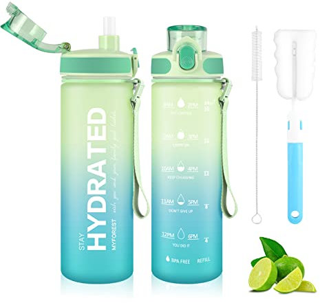 MYFOREST Botella Tritan™ de 700 ml, boquilla grande para grandes sorbos/extraíble para beber pequeña, marcador de tiempo resistente a arañazos para hidratación motivadora, botella de agua sin BPA y