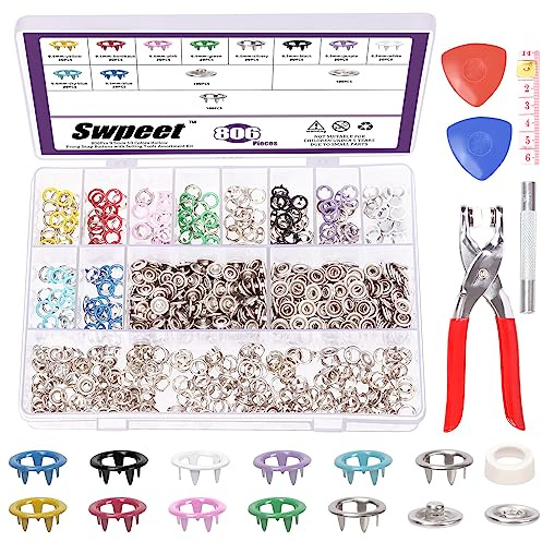 Swpeet 200Sets - 807Pcs 3/8 10 Colors Hollow 5 Prong Metal Snaps Buttons with Snap Fasteners Tool Fastener Pliers and Tailor's Chalk Assortment Kit, Snap on Buttons for DIY Craft