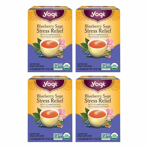 Yogi Tea Blueberry Sage Stress Relief - 16 Tea Bags per Pack (4 Packs) - Relaxing, Calming Tea to Support Stress Response - Includes Ashwagandha, Blueberry, Sage, Hibiscus & More