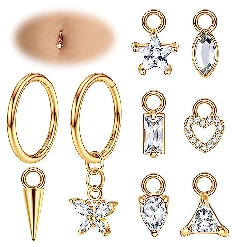Adramata 14G Piercing Nombril Acier Chirurgical Cartilage Helix Piercing Oreille Grossesse Nombril Piercing Anneaux Percing au Nombril Pendant Argent Or Corporel Piercing pour Femme