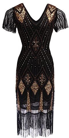 xxxiticat 1920-talet vintageklänning för kvinnor, fransklänning, Gatsby, paljetter, tofsar, fåll, cocktailklänning, balklänning, aftonklänning, festkostym, klänning, svart, M