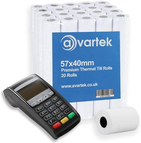 57 x 40 mm premium termiskt papper till kvittorullar för PDQ-kreditkortsmaskin, POS, EPOS, kortmaskiner, Barclaycard, Verifone, Ingenico, Sagem, Spire, Pax, Worldpay [20-pack] - AVARTEK