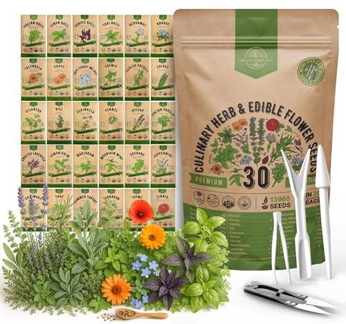 Organo Republic 30 Culinary Herbs & Edible Flower Seed Variety Pack- Indoor/Outdoor. 14000+ Non-GMO Heirloom Flower Seeds: Basil, Borage, Echinacea, Lavender, Oregano, Rosemary Seeds & More