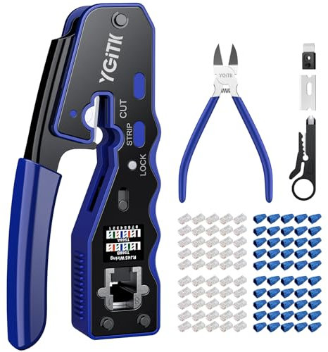 YGiTK Herramienta de Crimpado RJ45 Kit de Herramienta de Red Alicates de Crimpar para Conectores RJ45 con Cat5/Cat5e/Cat6/Cat6A / Cat 7 8P, con 50x Conectores Pasantes y 50x Tapas Protectoras